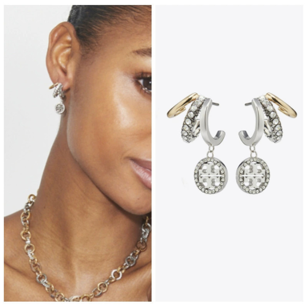 Tory Burch Multicolor Pave Diamond Pendant Triple Hoop Earrings